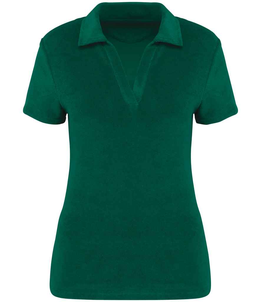 Native Spirit Ladies Terry Towel Polo Shirt in Malachite Green, front view