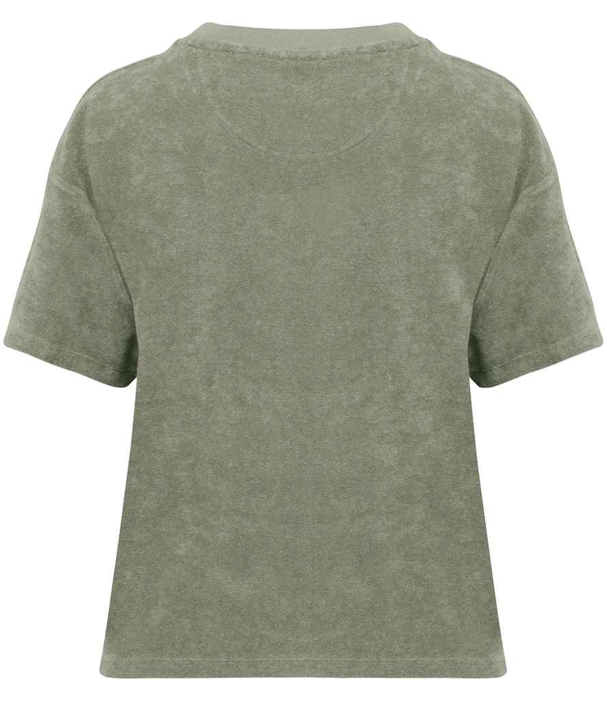 Native Spirit Ladies Terry Towel T-Shirt in Almond Green, back view