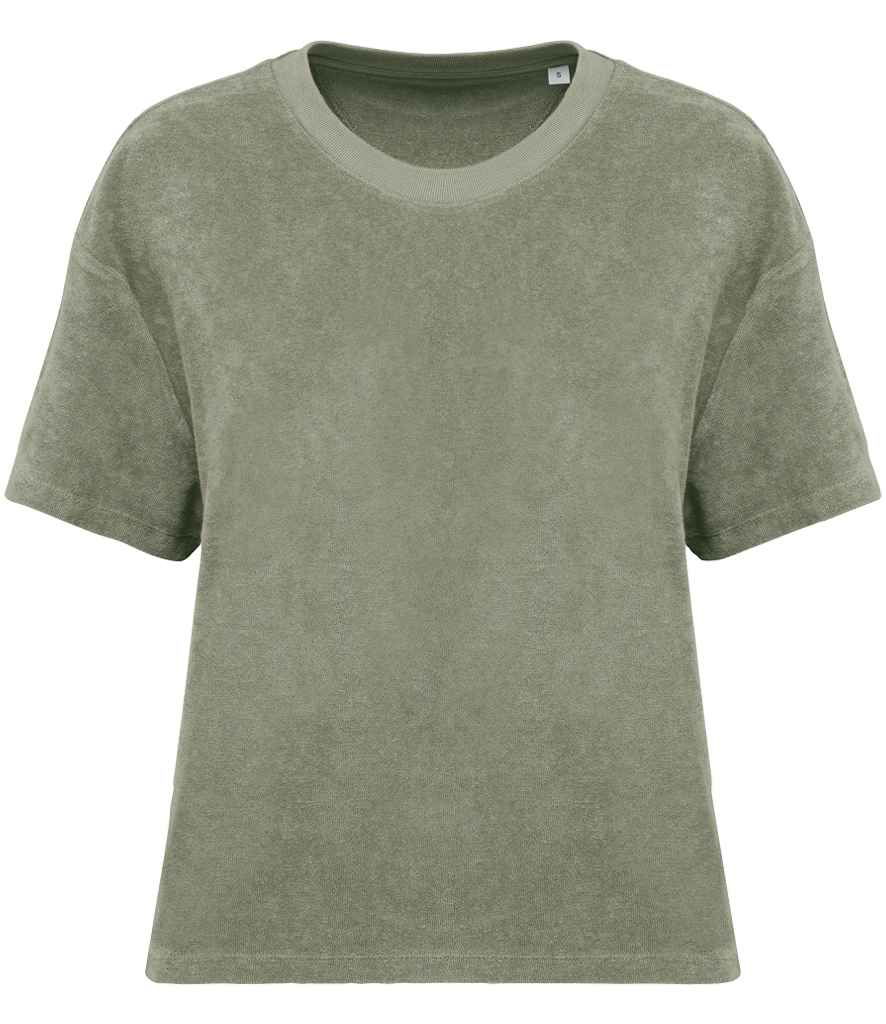 Native Spirit Ladies Terry Towel T-Shirt in Almond Green, front view
