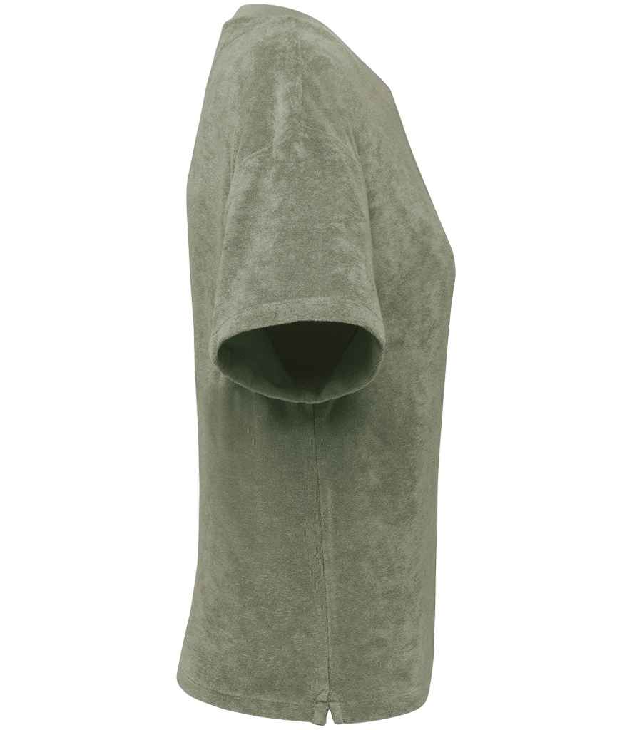 Native Spirit Ladies Terry Towel T-Shirt in Almond Green, side view