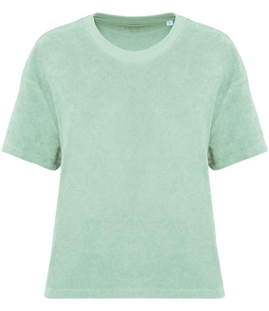 Native Spirit Ladies Terry Towel T-Shirt in Brook Green, front view