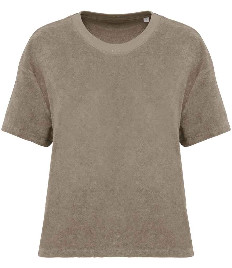 Native Spirit Ladies Terry Towel T-Shirt in Cream Coffee, front view