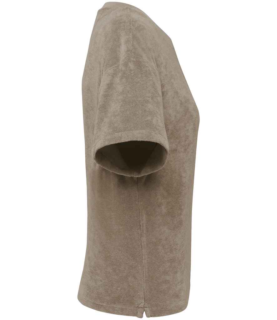 Native Spirit Ladies Terry Towel T-Shirt in Cream Coffee, side view