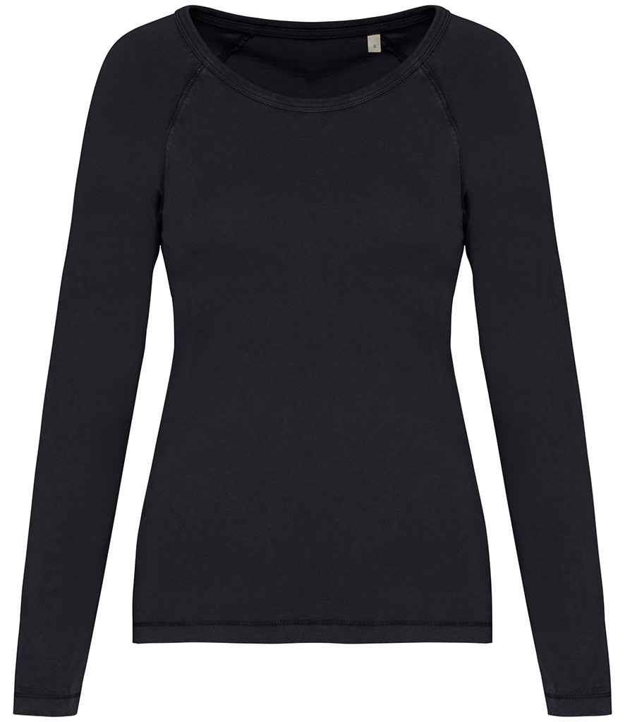 Native Spirit Ladies Raglan Long Sleeve Washed T-Shirt in Washed Coal Grey, front view