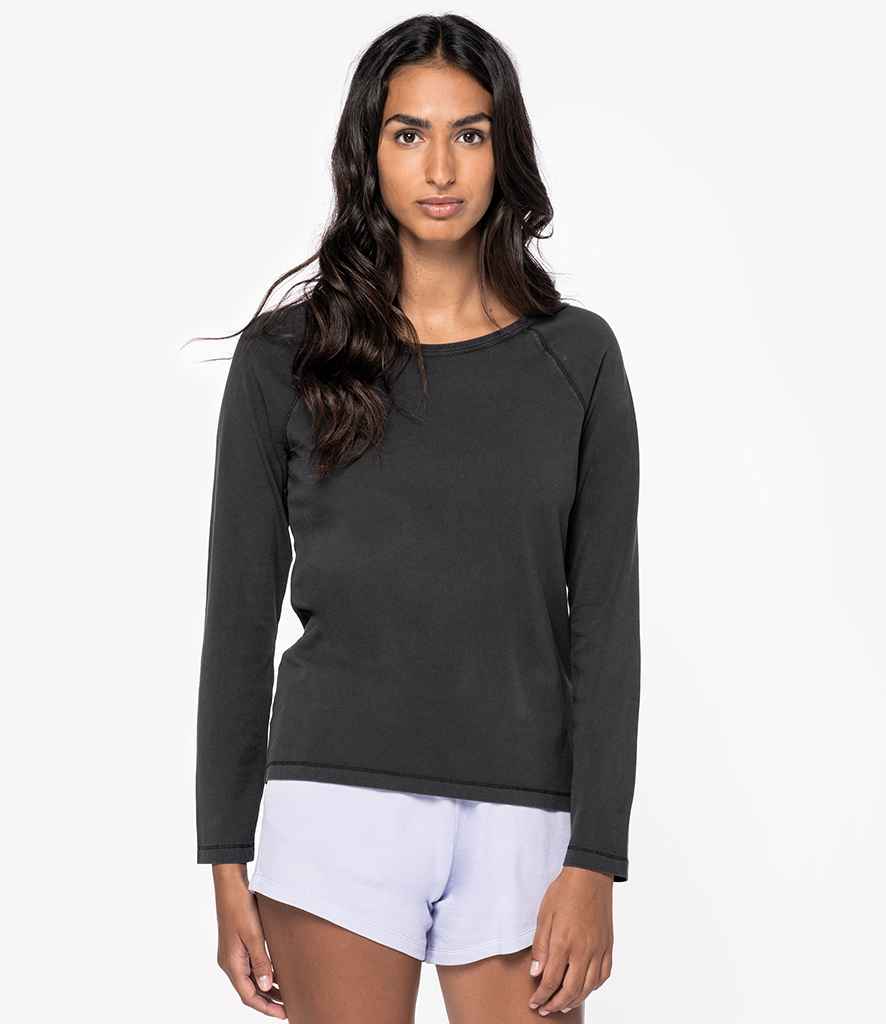 Native Spirit Ladies Raglan Long Sleeve Washed T-Shirt in Washed Coal Grey