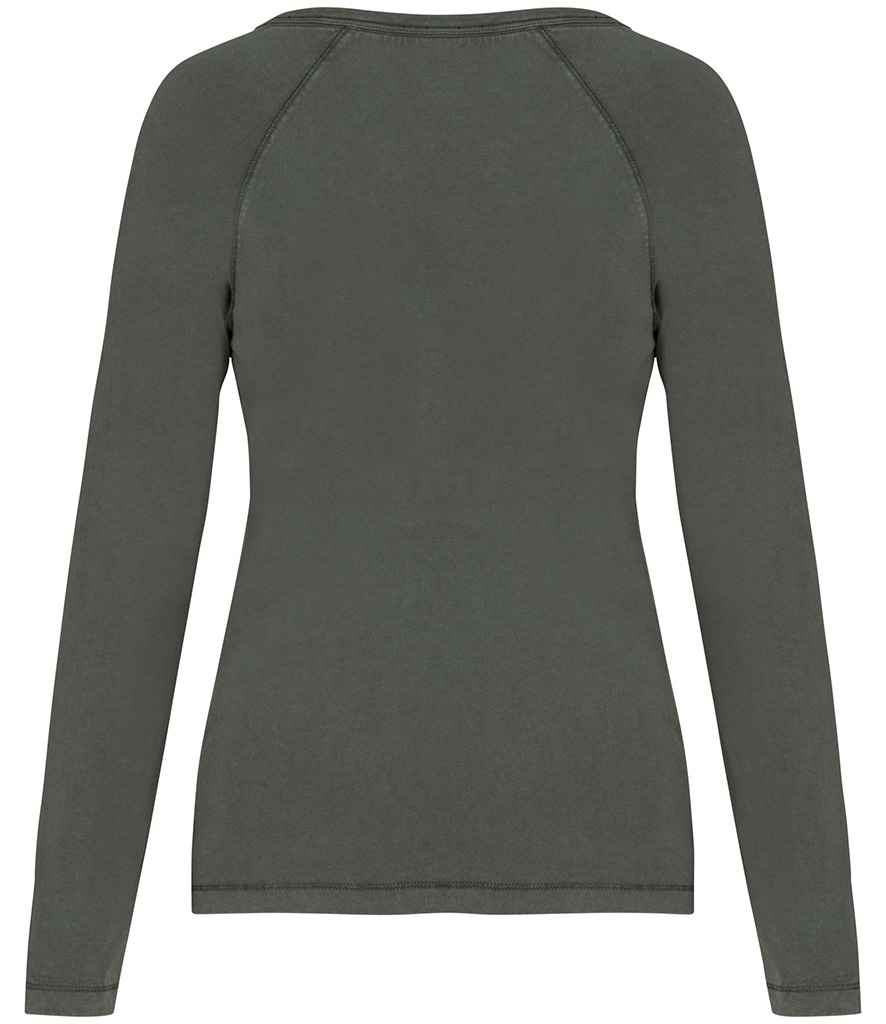 Native Spirit Ladies Raglan Long Sleeve Washed T-Shirt in Washed Organic Khaki, back view