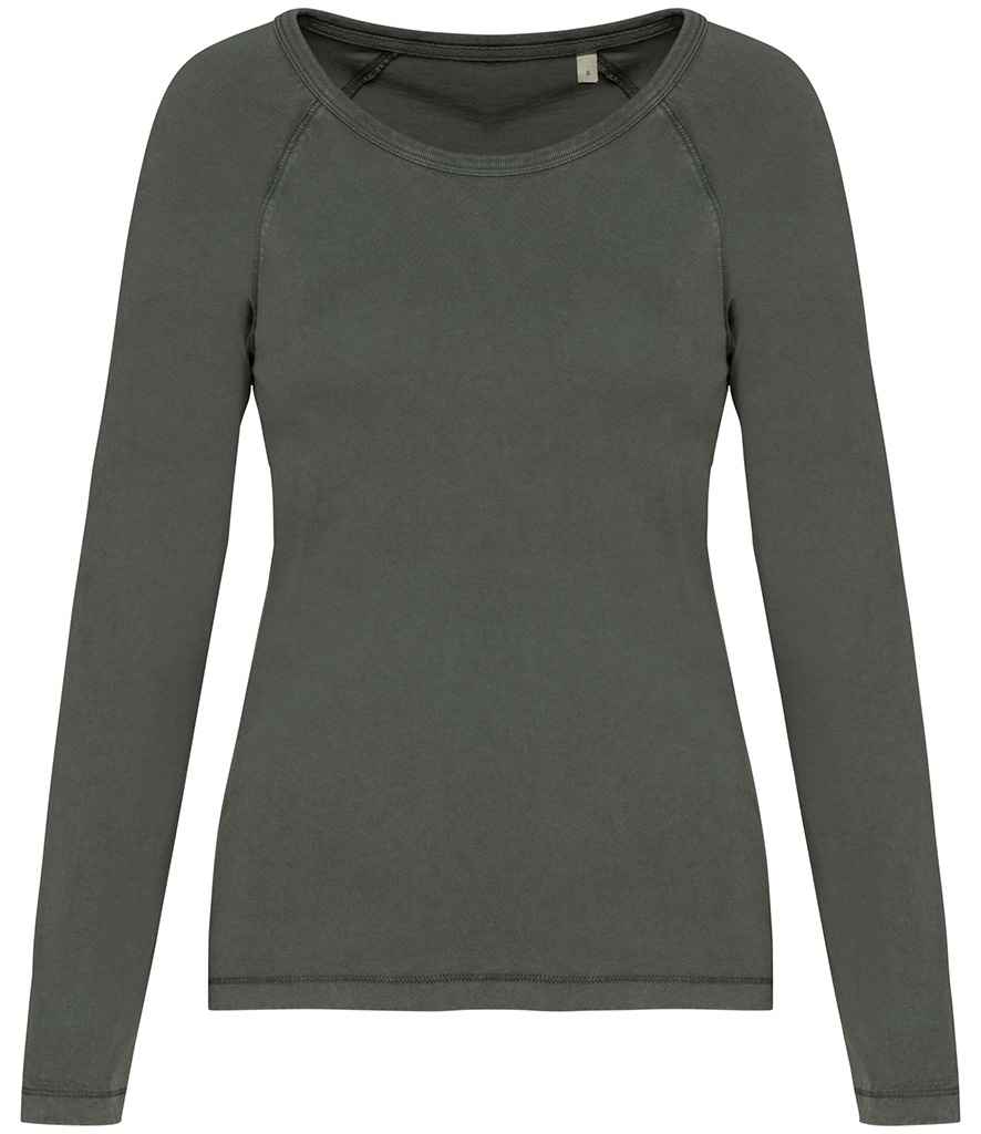 Native Spirit Ladies Raglan Long Sleeve Washed T-Shirt in Washed Organic Khaki, front view