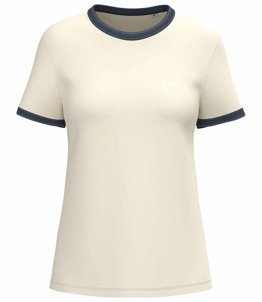 Native Spirit Ladies Ringer T-Shirt in Ivory/Washed Navy, front view