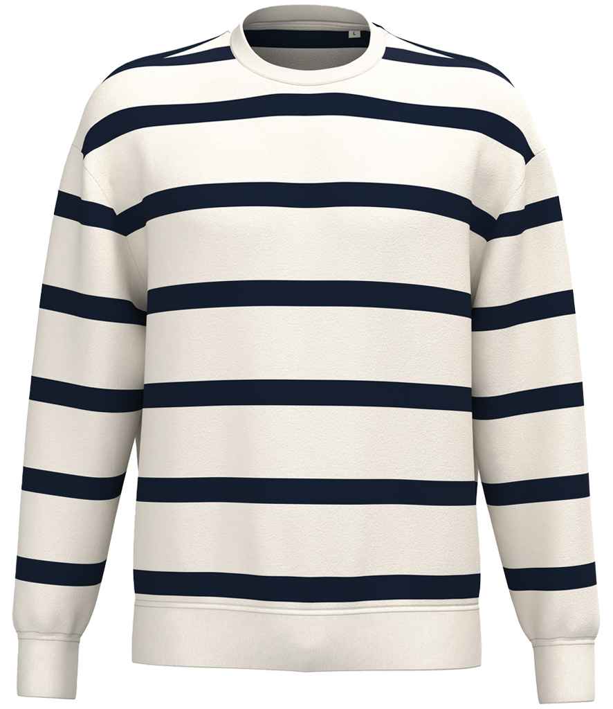 Native Spirit Unisex Striped Crew Neck Sweatshirt in Ivory/Navy Stripes, front view