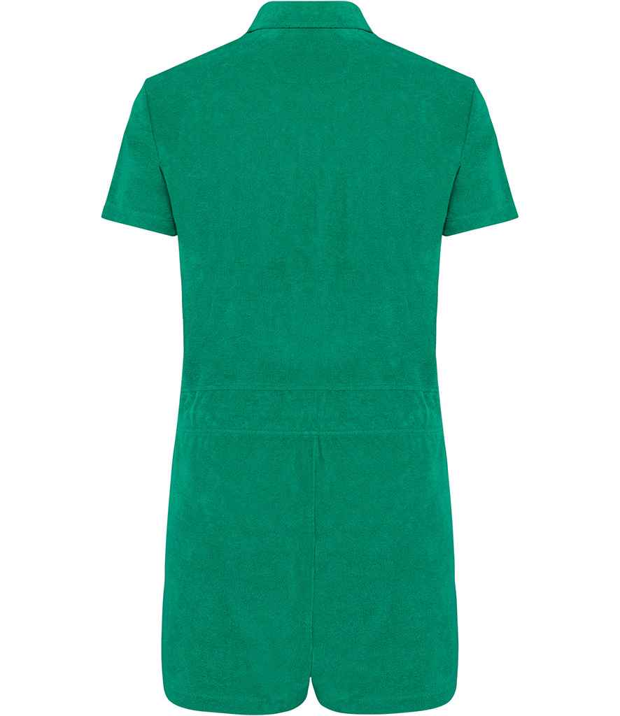 Native Spirit Ladies Terry Towel Short Overall in Malachite Green, back view