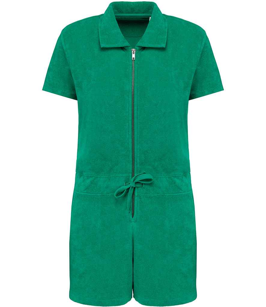 Native Spirit Ladies Terry Towel Short Overall in Malachite Green, front view