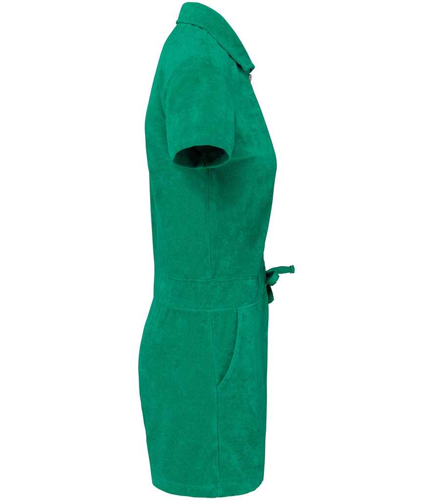 Native Spirit Ladies Terry Towel Short Overall in Malachite Green, side view