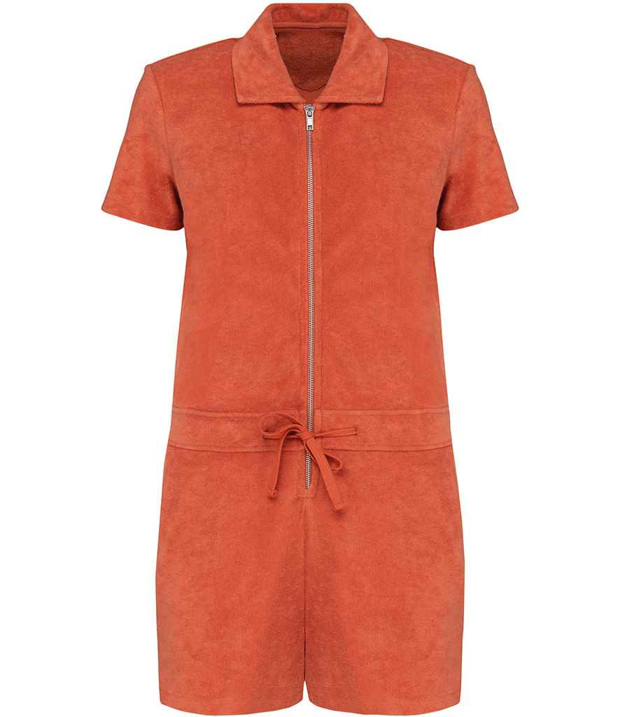 Native Spirit Ladies Terry Towel Short Overall in Sweet Pomelo, front view