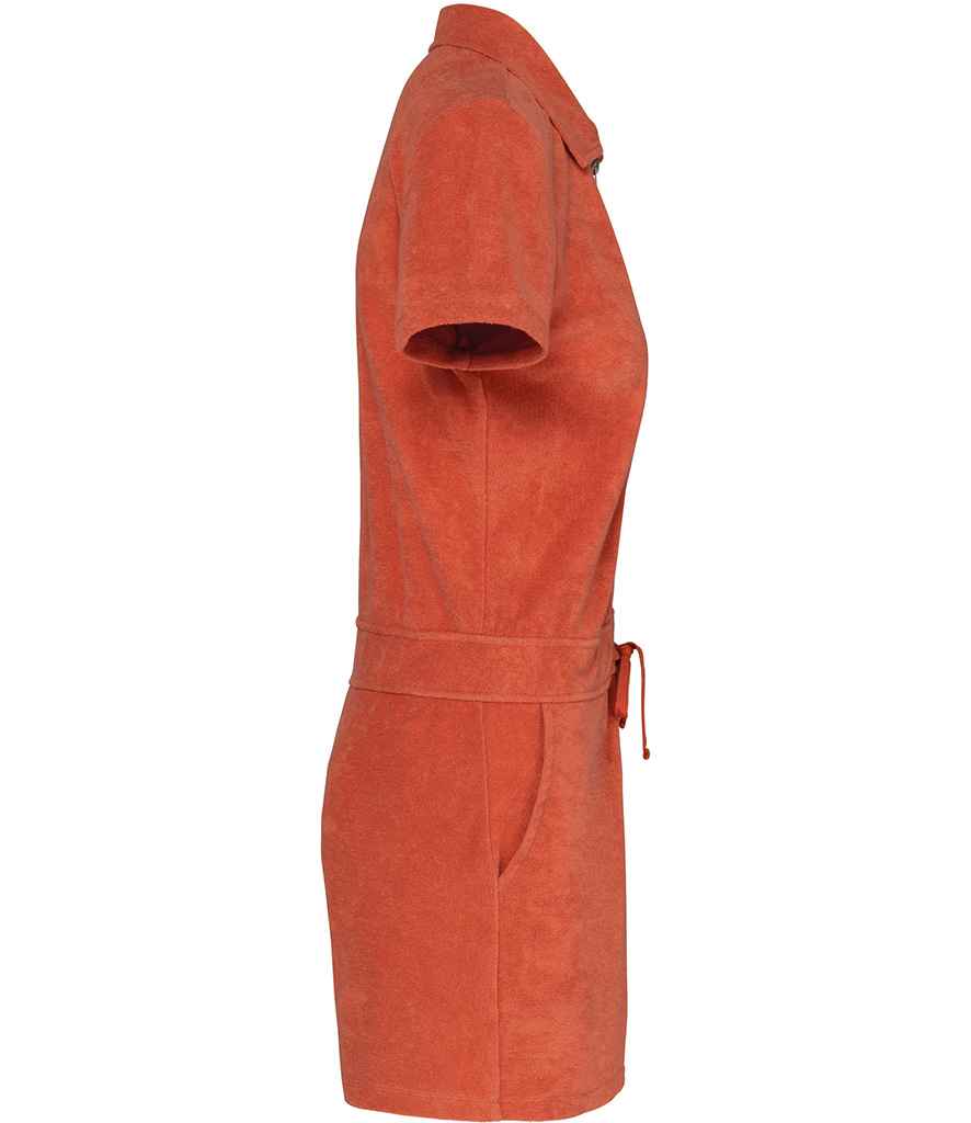 Native Spirit Ladies Terry Towel Short Overall in Sweet Pomelo, side view