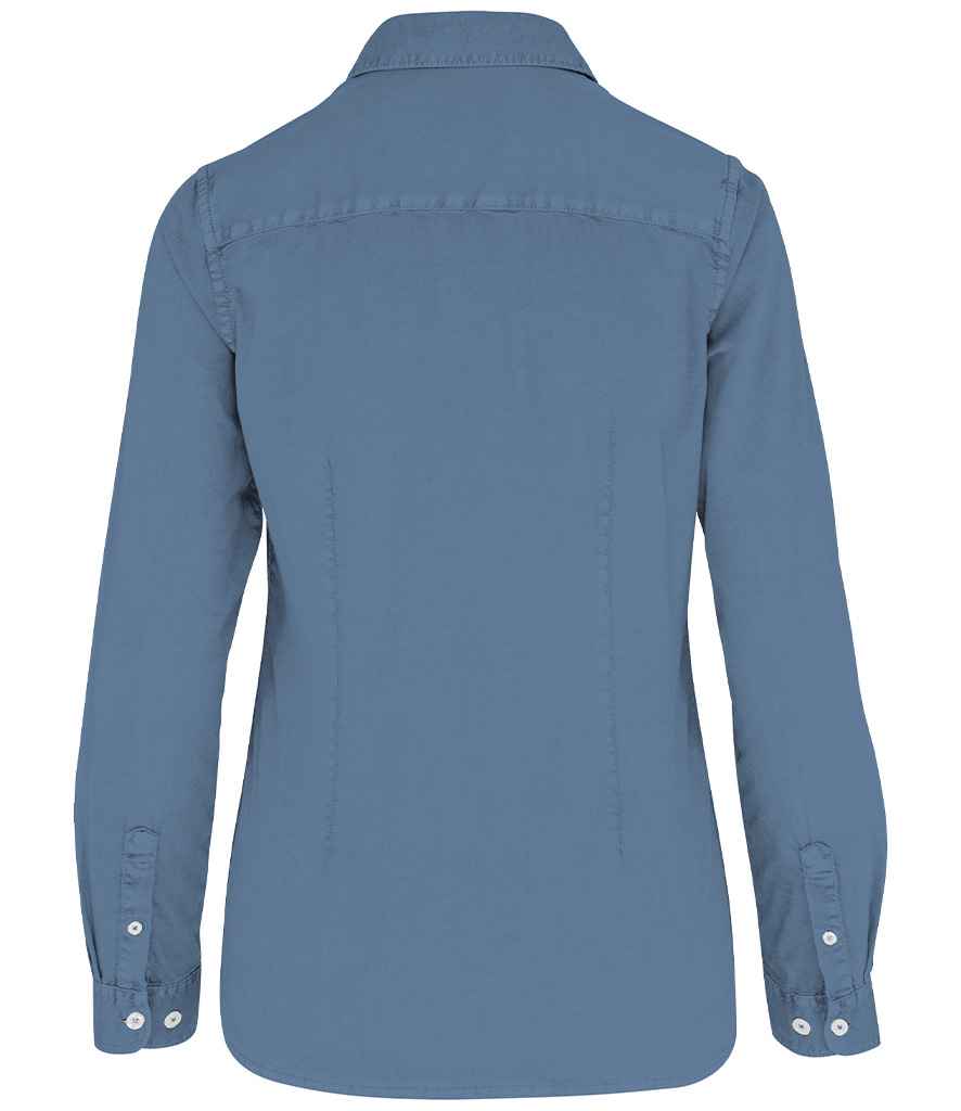 Native Spirit Ladies Washed Long Sleeve Shirt in Washed Cool Blue, back view