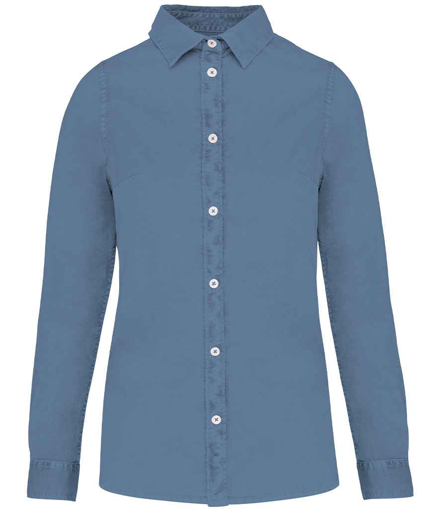 Native Spirit Ladies Washed Long Sleeve Shirt in Washed Cool Blue, front view