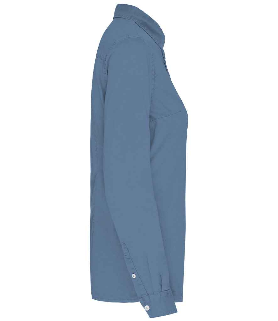 Native Spirit Ladies Washed Long Sleeve Shirt in Washed Cool Blue, side view