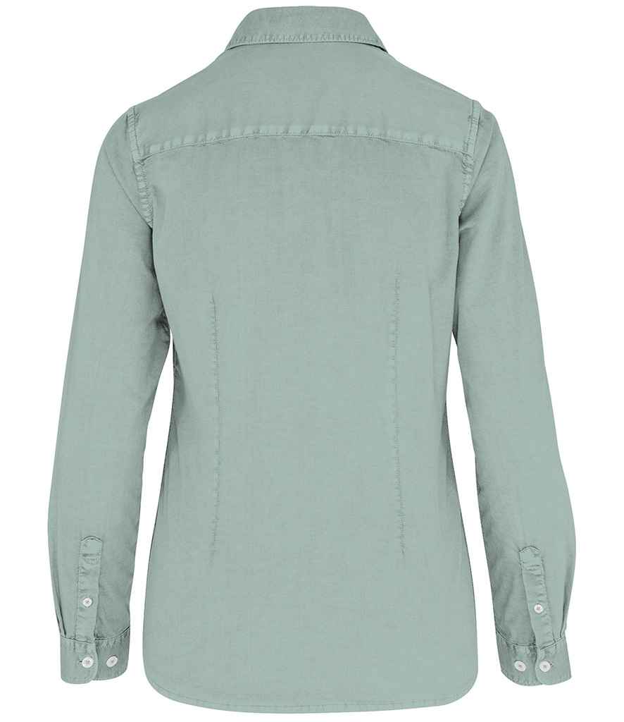 Native Spirit Ladies Washed Long Sleeve Shirt in Washed Jade Green, back view