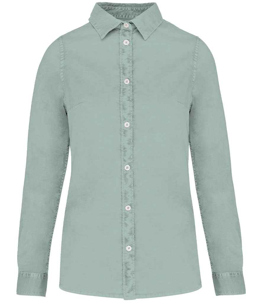 Native Spirit Ladies Washed Long Sleeve Shirt in Washed Jade Green, front view