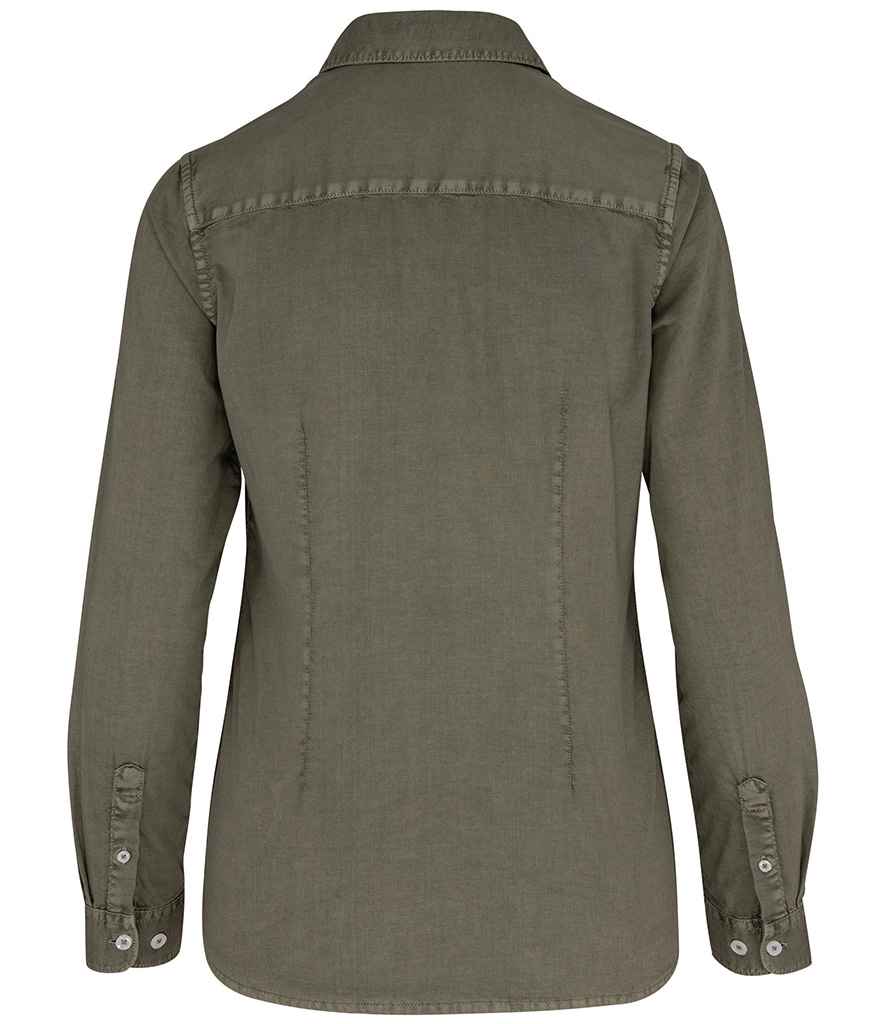 Native Spirit Ladies Washed Long Sleeve Shirt in Washed Pale Khaki, back view