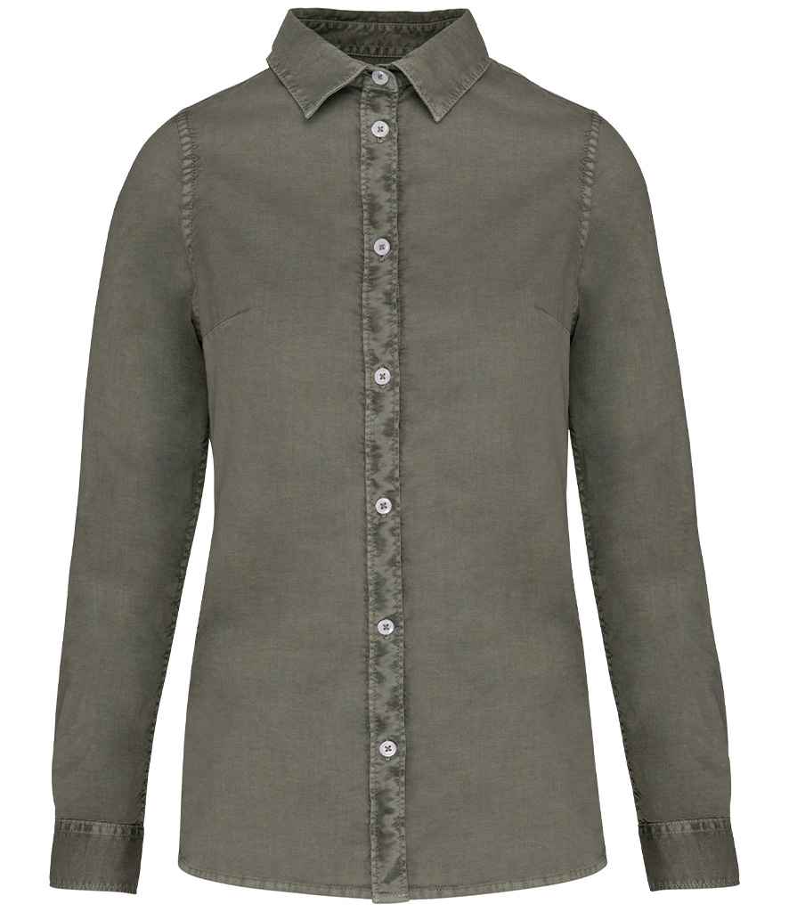 Native Spirit Ladies Washed Long Sleeve Shirt in Washed Pale Khaki, front view
