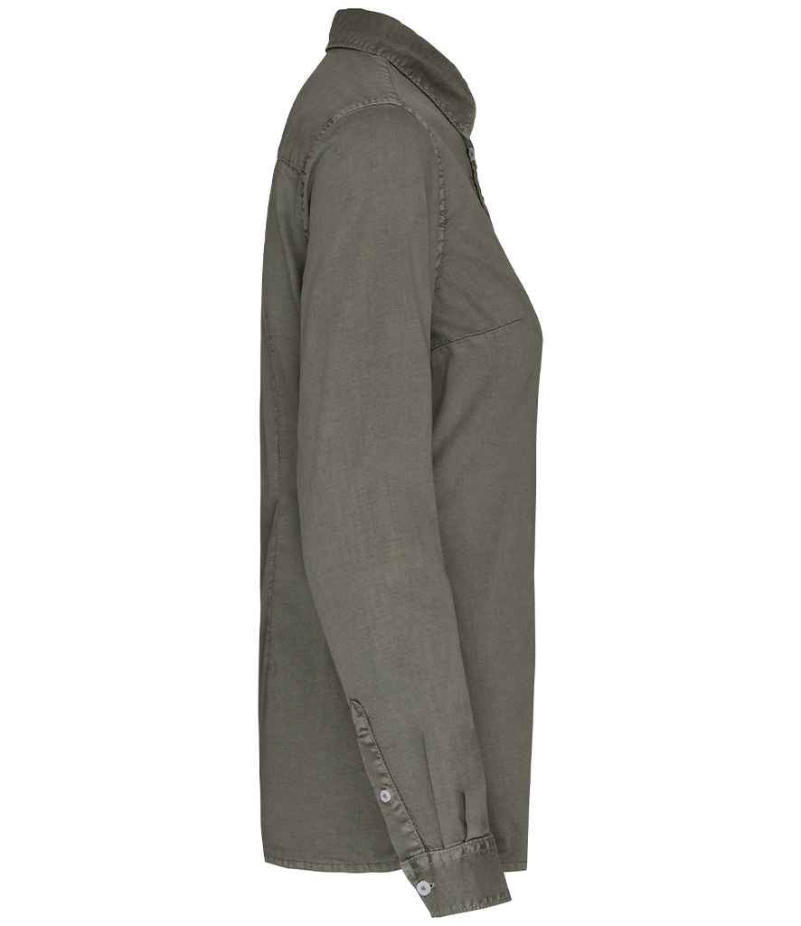Native Spirit Ladies Washed Long Sleeve Shirt in Washed Pale Khaki, side view