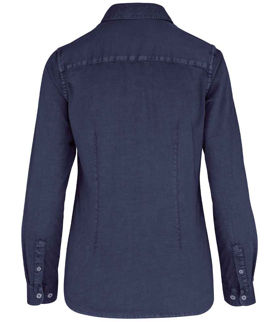Native Spirit Ladies Washed Long Sleeve Shirt in Washed Navy, back view