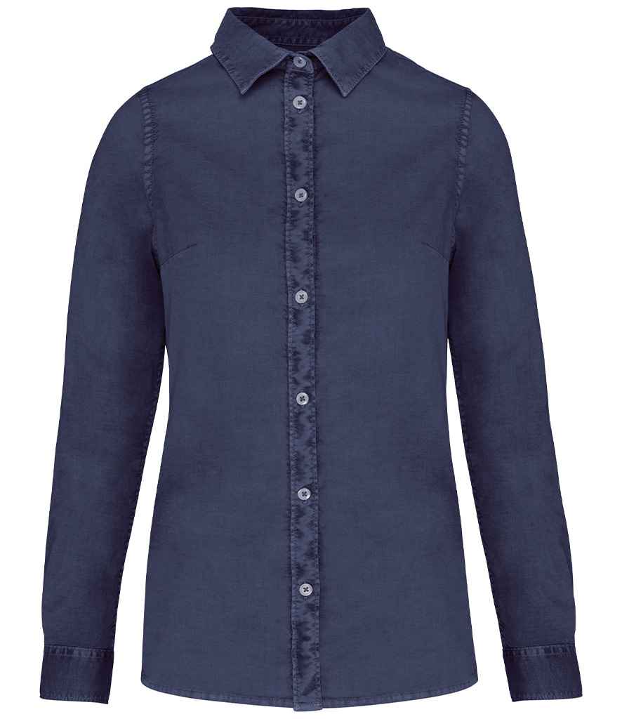 Native Spirit Ladies Washed Long Sleeve Shirt in Washed Navy, front view