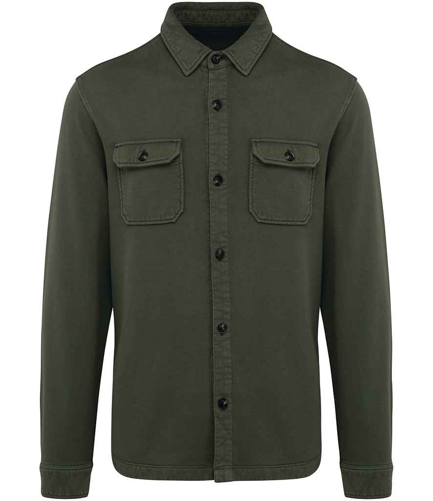 Native Spirit Faded Brushed Fleece Overshirt in Washed Organic Khaki, front view