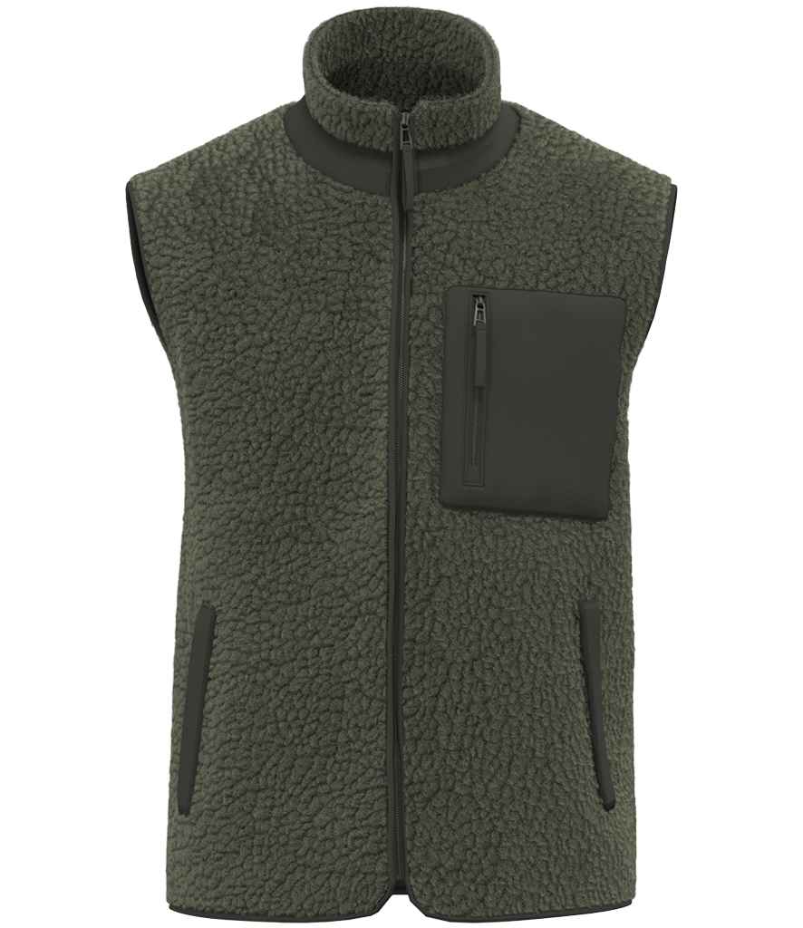 Native Spirit Unisex Sherpa Bodywarmer in Forest Khaki/Dark Khaki, front view