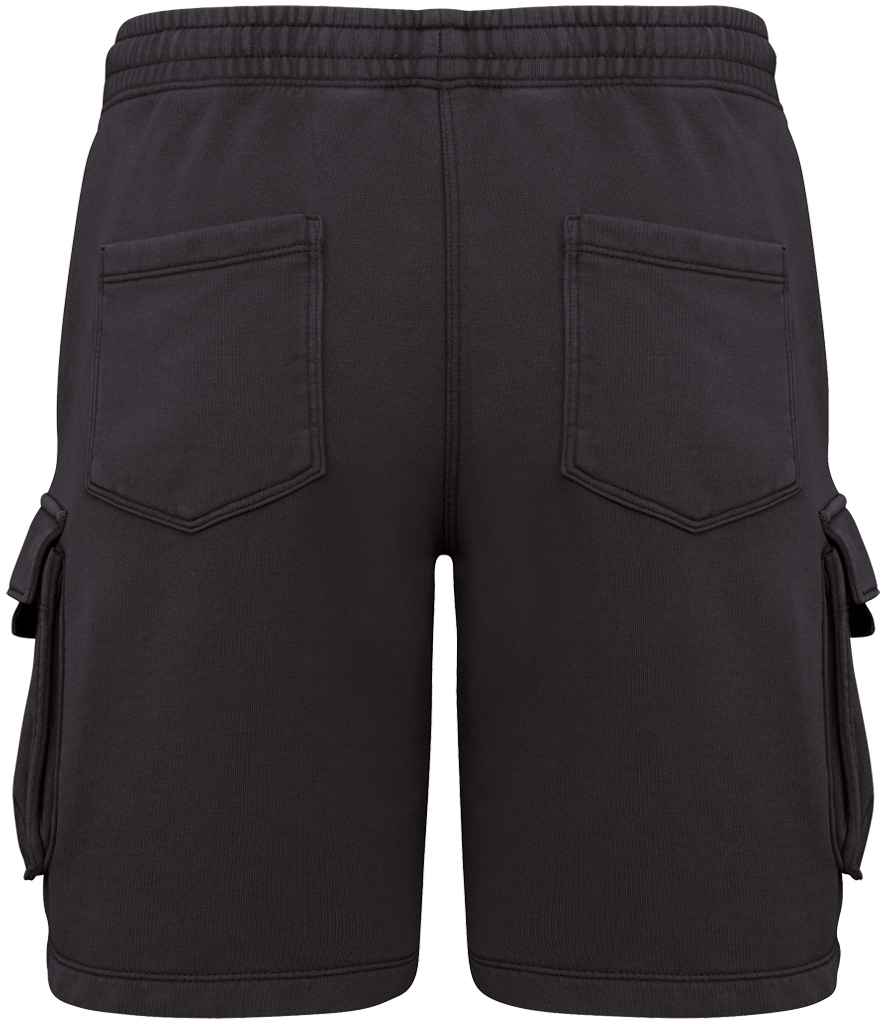 Native Spirit French Terry Washed Effect Cargo Shorts in Washed Black, back view