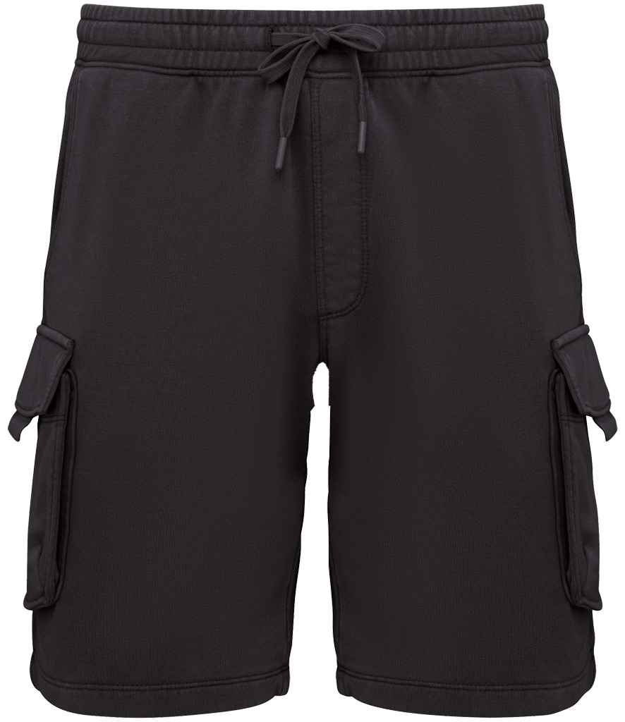 Native Spirit French Terry Washed Effect Cargo Shorts in Washed Black, front view