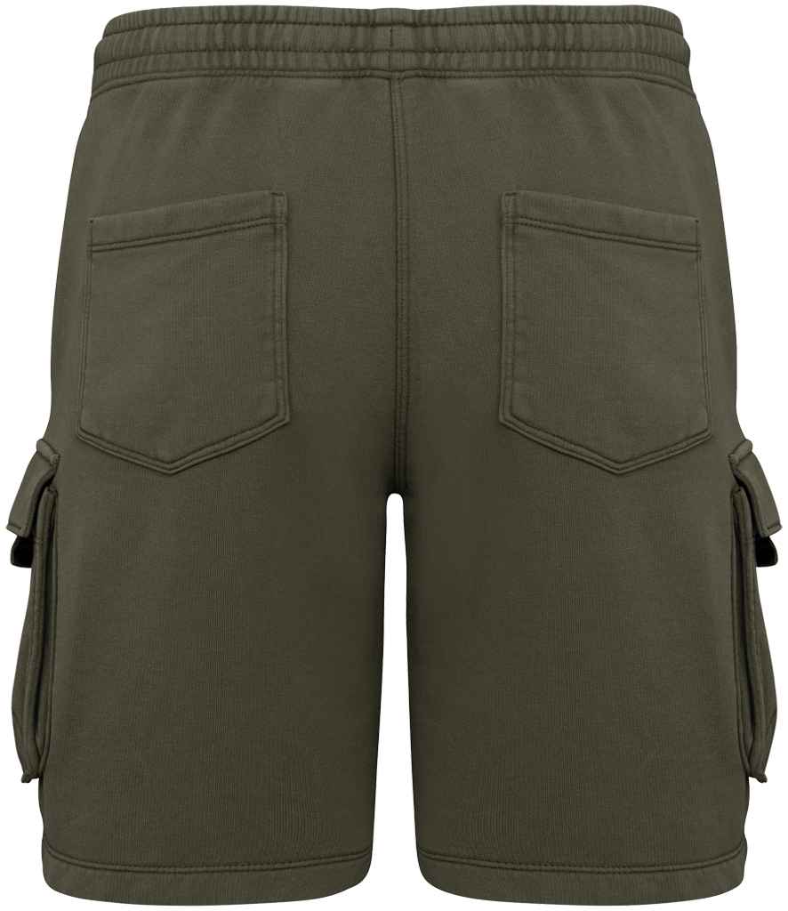 Native Spirit French Terry Washed Effect Cargo Shorts in Washed Organic Khaki, back view