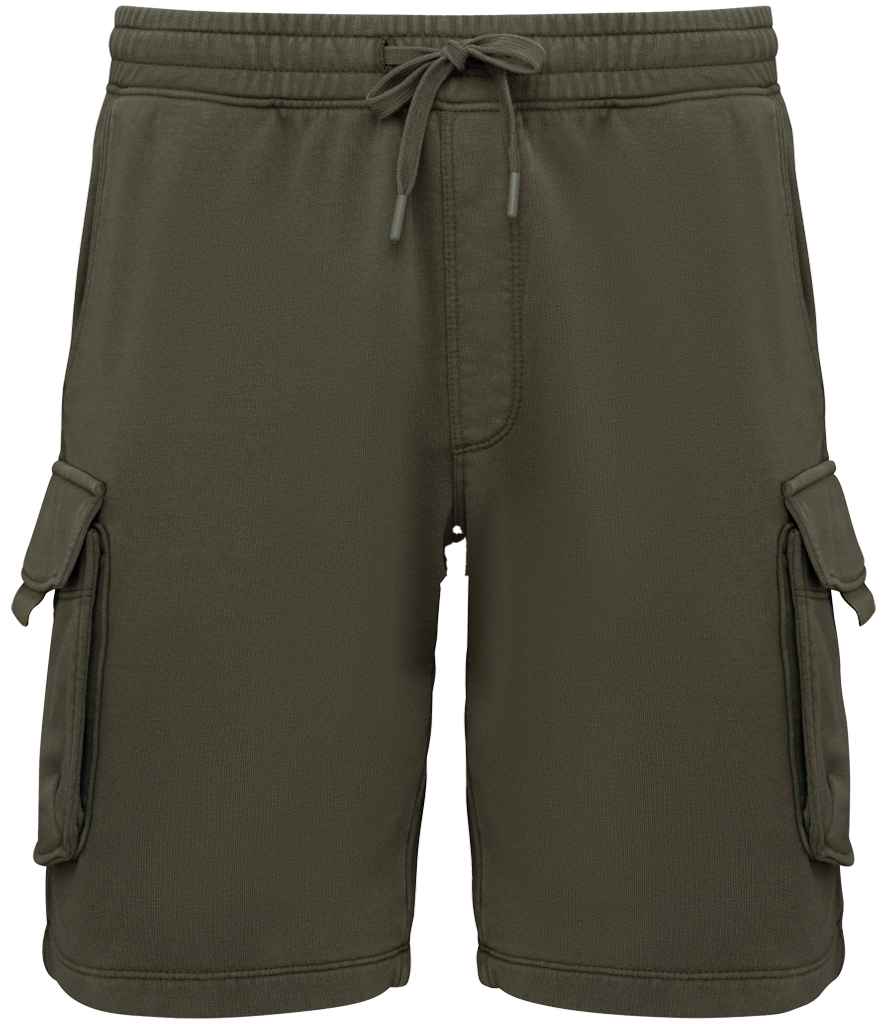 Native Spirit French Terry Washed Effect Cargo Shorts in Washed Organic Khaki, front view