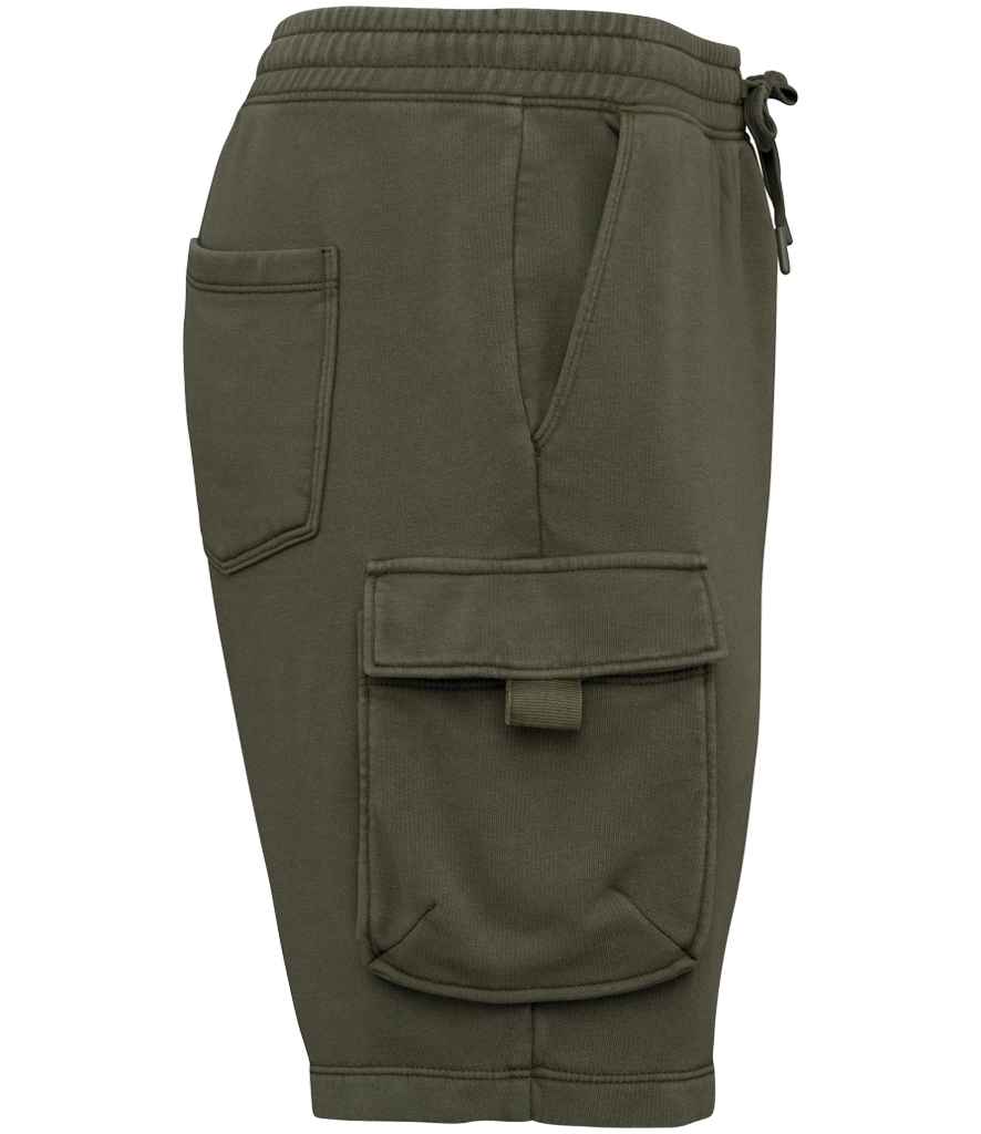 Native Spirit French Terry Washed Effect Cargo Shorts in Washed Organic Khaki, side view