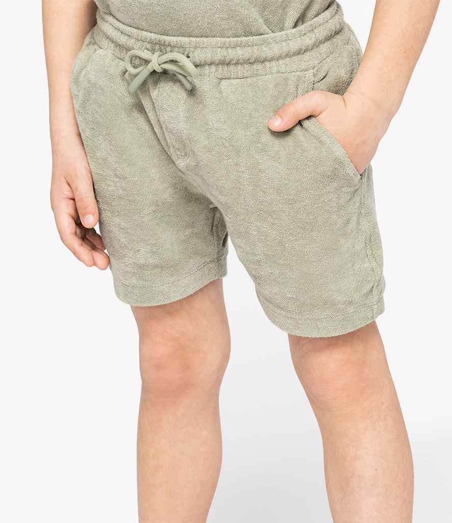Native Spirit Kids Drawcord Terry Towel Shorts in Almond Green