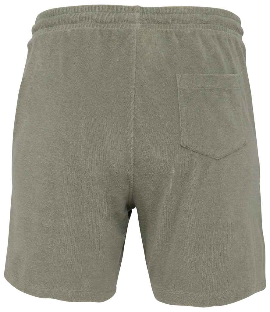 Native Spirit Terry Towel Shorts in Almond Green, back view