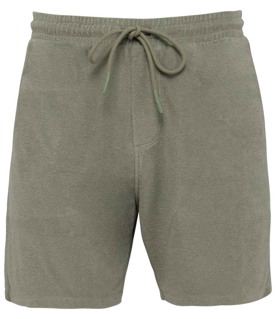 Native Spirit Terry Towel Shorts in Almond Green, front view