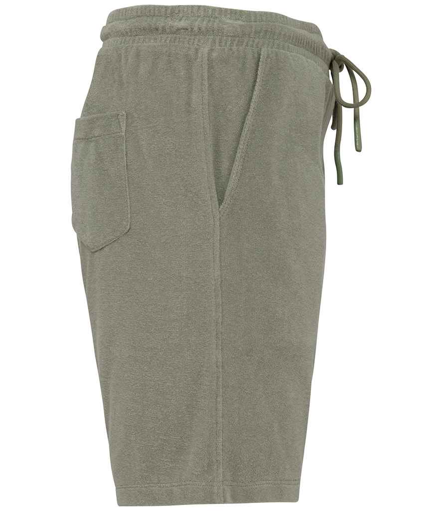 Native Spirit Terry Towel Shorts in Almond Green, side view