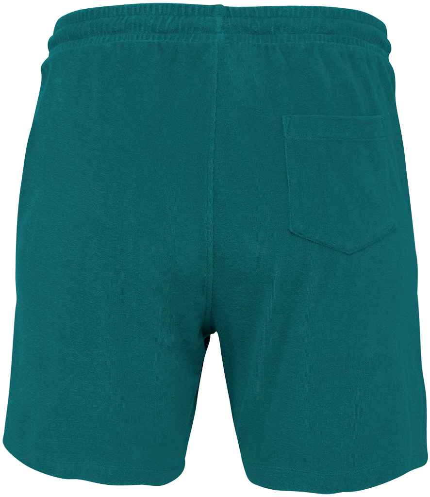 Native Spirit Terry Towel Shorts in Peacock Green, back view