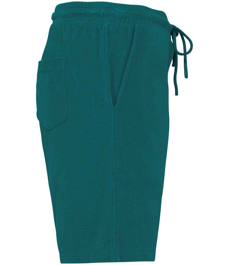 Native Spirit Terry Towel Shorts in Peacock Green, side view