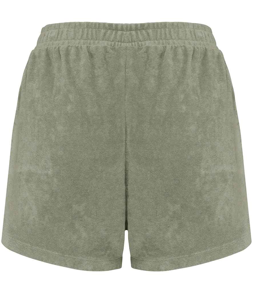 Native Spirit Ladies Terry Towel Shorts in Almond Green, back view