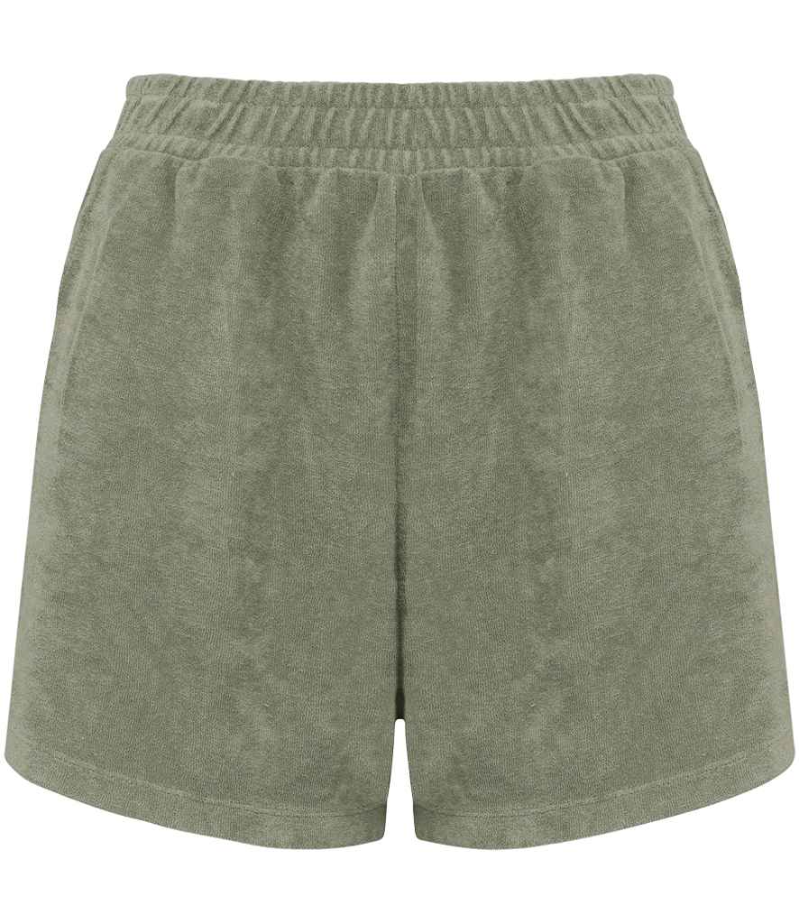 Native Spirit Ladies Terry Towel Shorts in Almond Green, front view