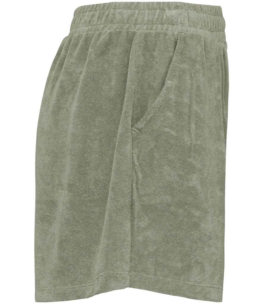 Native Spirit Ladies Terry Towel Shorts in Almond Green, side view