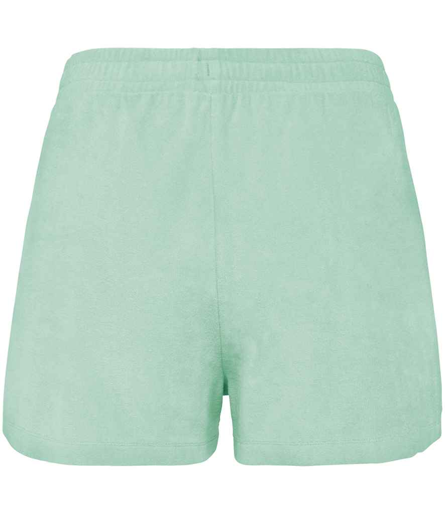 Native Spirit Ladies Terry Towel Shorts in Brook Green, back view