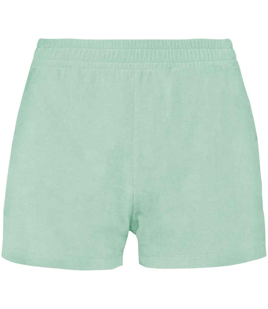 Native Spirit Ladies Terry Towel Shorts in Brook Green, front view