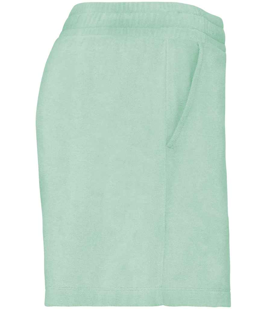Native Spirit Ladies Terry Towel Shorts in Brook Green, side view