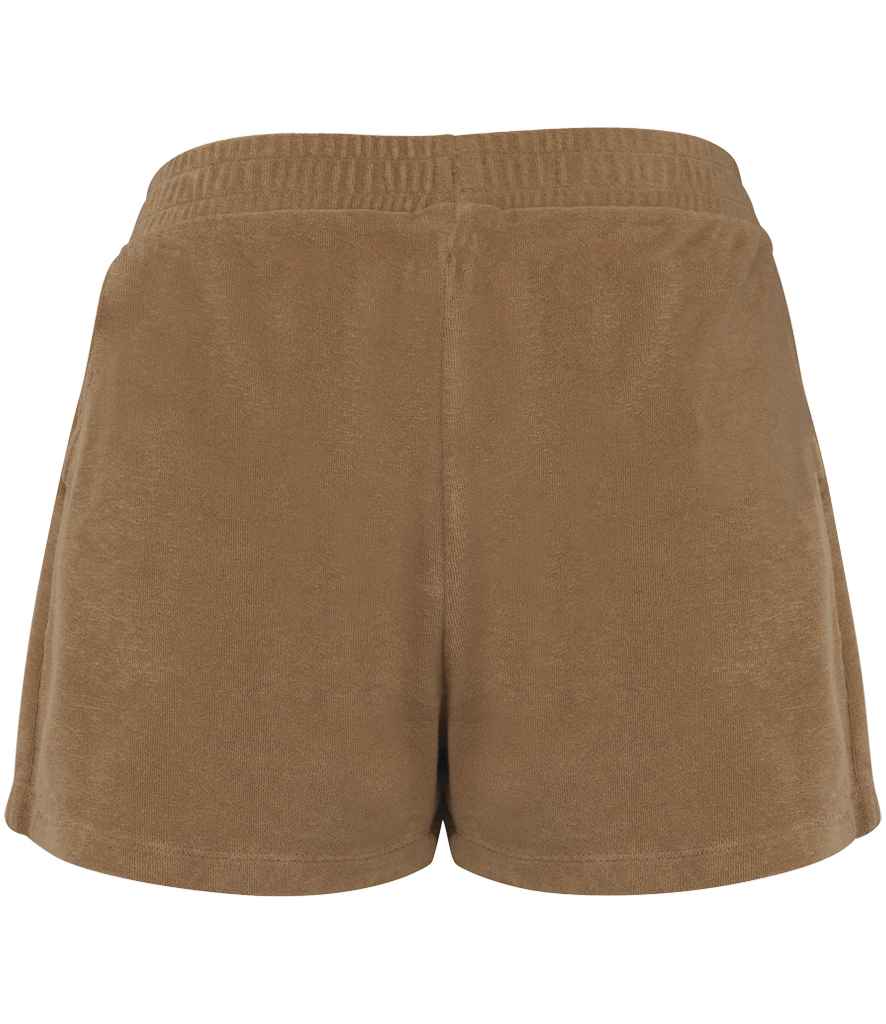 Native Spirit Ladies Terry Towel Shorts in Cream Coffee, back view