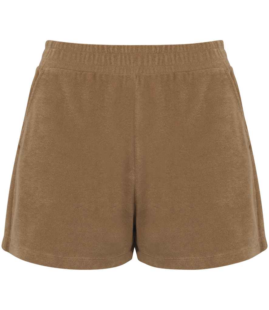 Native Spirit Ladies Terry Towel Shorts in Cream Coffee, front view