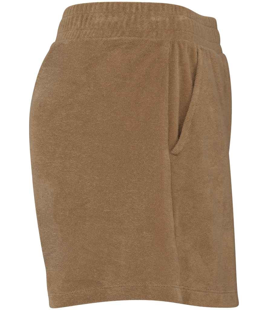 Native Spirit Ladies Terry Towel Shorts in Cream Coffee, side view